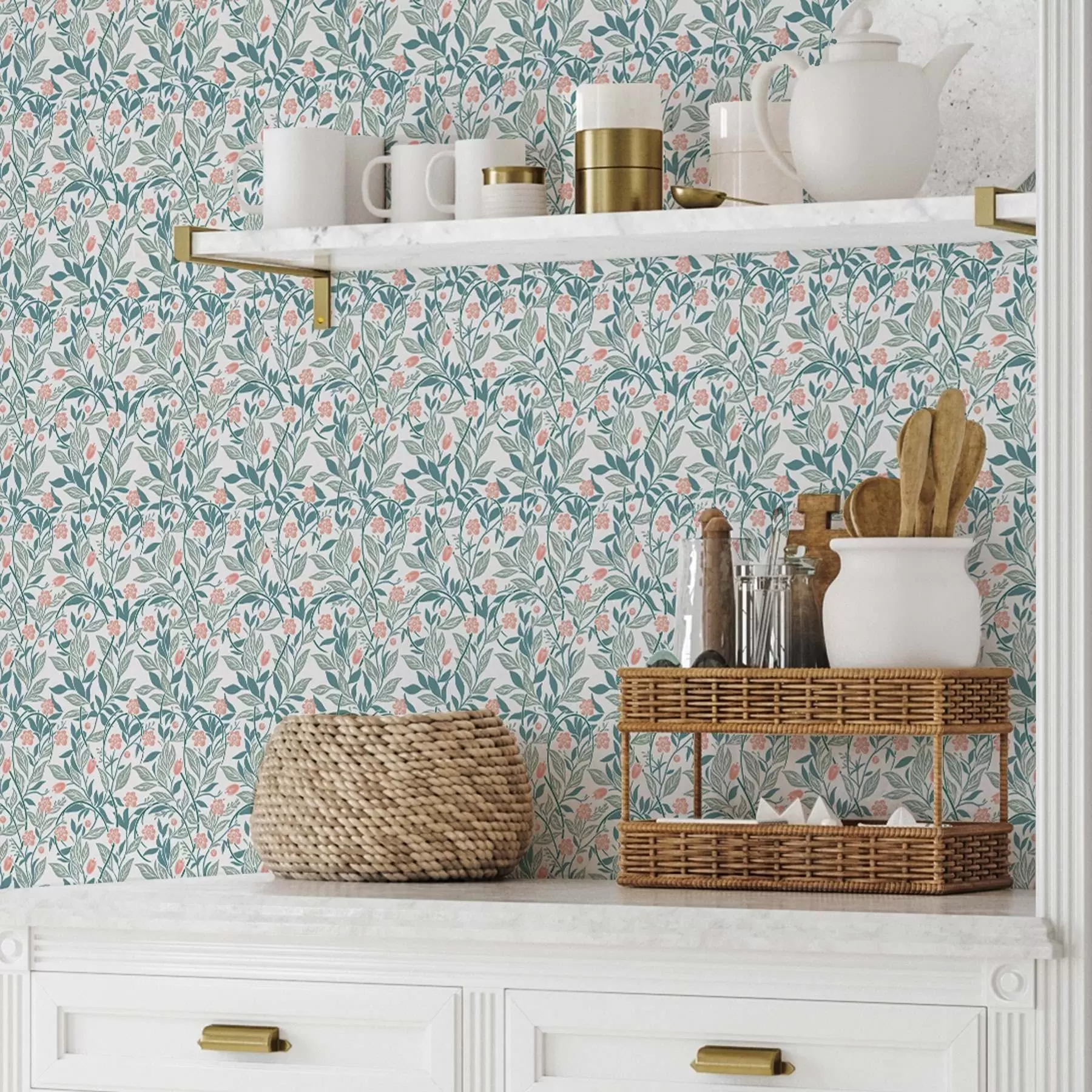 wall murals Свеж узорак са коралним цветовима и листовима a00247