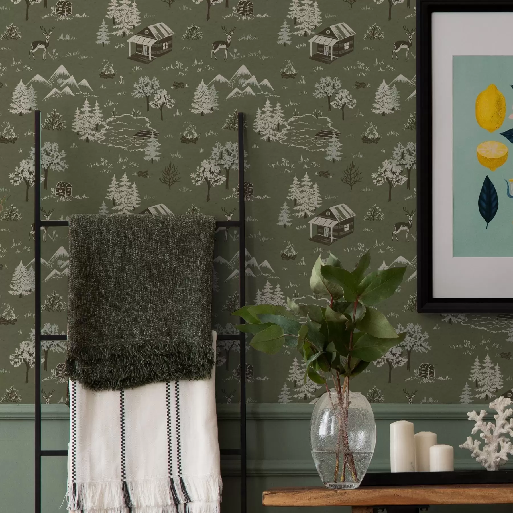 wall murals Осликана шума са језером, колибом и животињама a00267