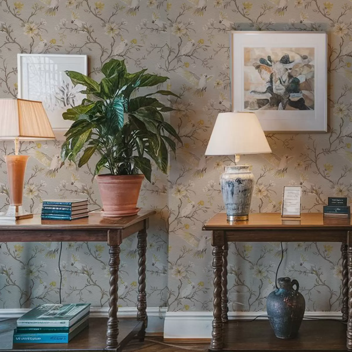 Позадина Папагаји и жуто цвеће на светлој позадини a00270