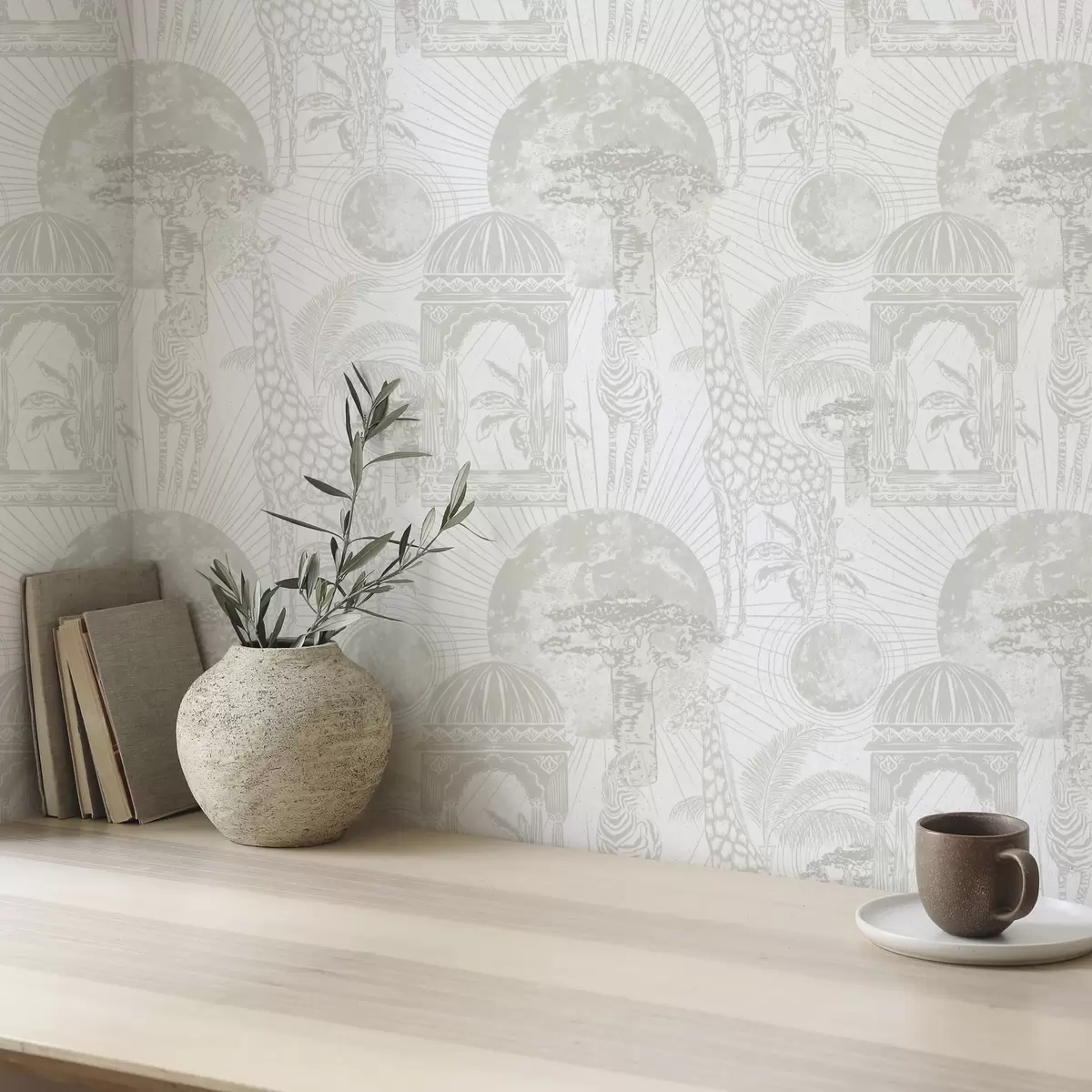 Позадина Графичка илустрација са жирафом, зебром и палмама a00276v1