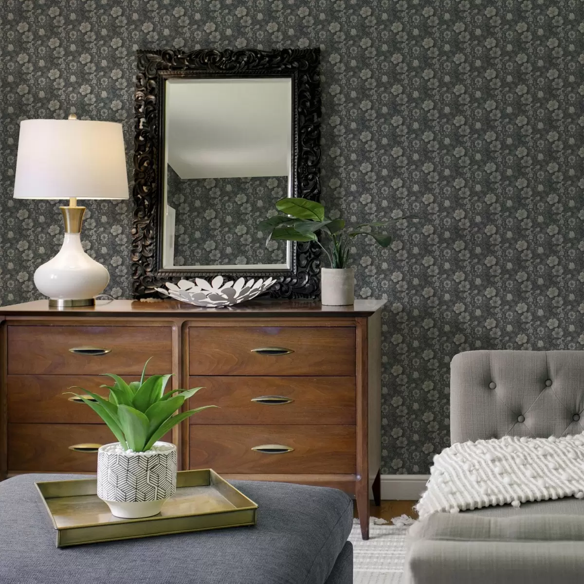 Позадина Тамноплави узорак са обимним белим цвећем a00282