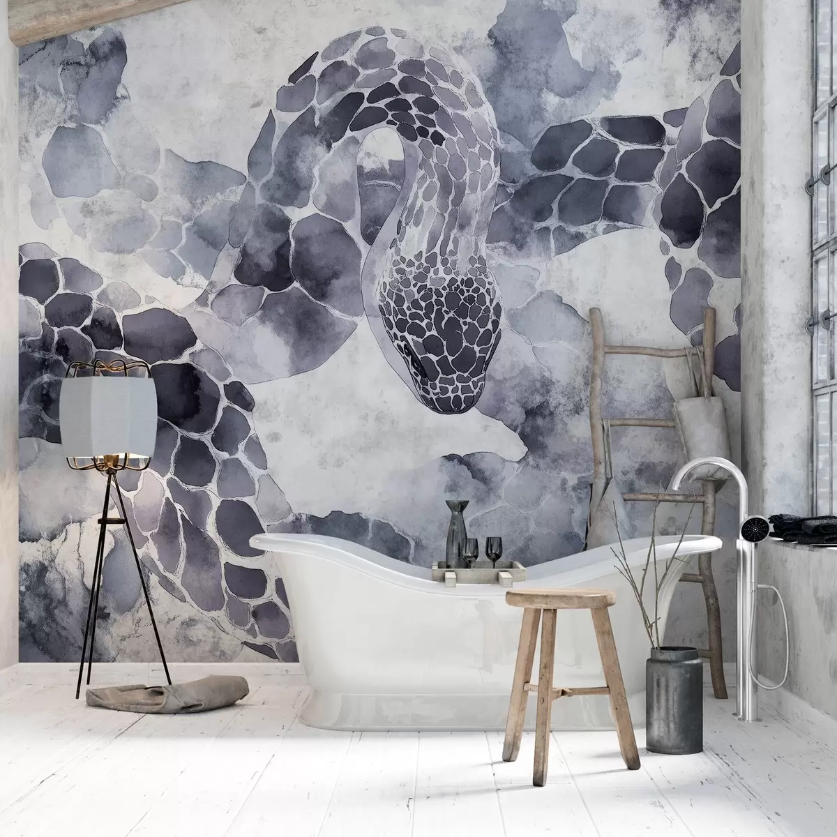 wall murals Силуета змије, акварел стил, плаве боје w04113