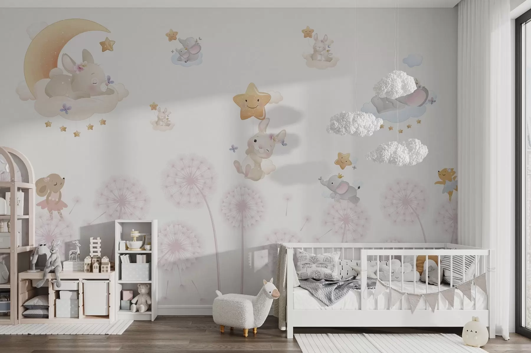 wall murals Слатки зец и звезде међу маслачком на белој позадини w04195