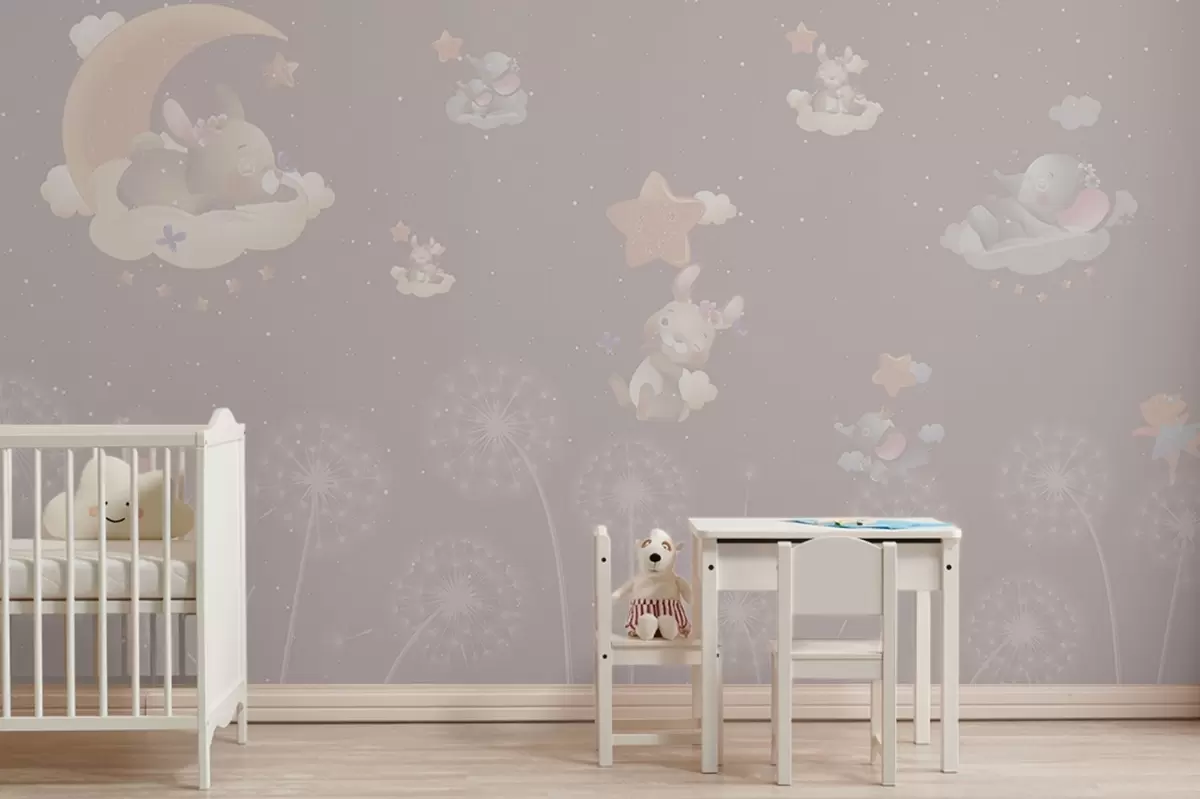 wall murals Ноћ бајки са зецем и маслачком на ружичастој позадини w04195v2