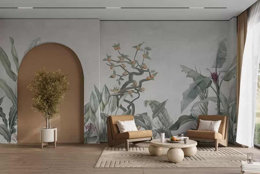 wall murals Тропске биљке са поморанџиним дрветом на светлој позадини w04201