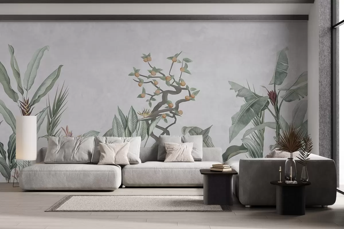 wall murals Тропске биљке са поморанџиним дрветом на светлој позадини w04201