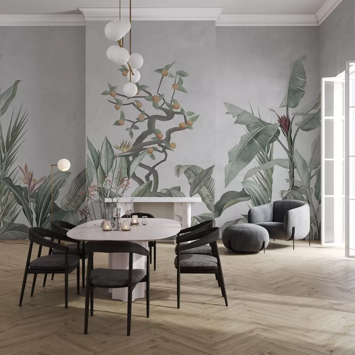 wall murals Тропске биљке са поморанџиним дрветом на светлој позадини w04201