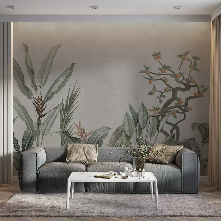 wall murals Тропска композиција са биљкама и дрвећем на сивкастој позадини w04201v1