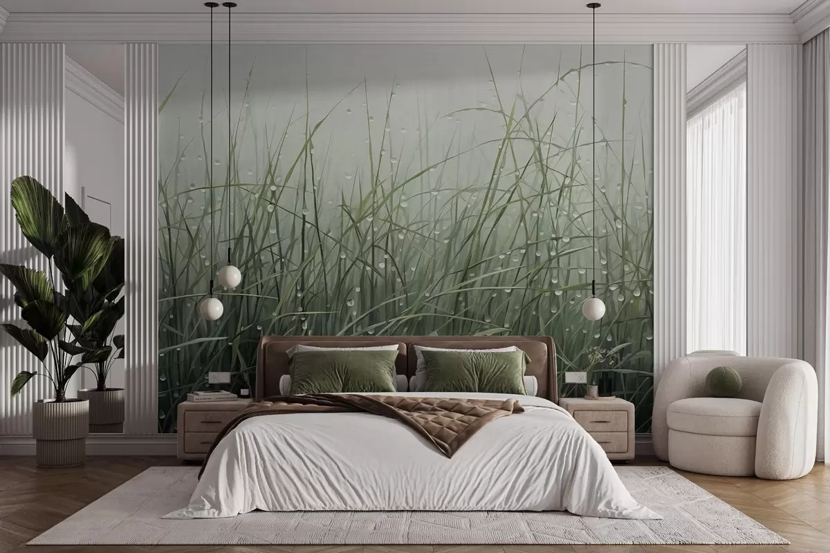 wall murals Трава са капљицама воде, пригушене зелене нијансе, меко светло, магловита позадина, апстрактни минималистички текстурирани стил w09217