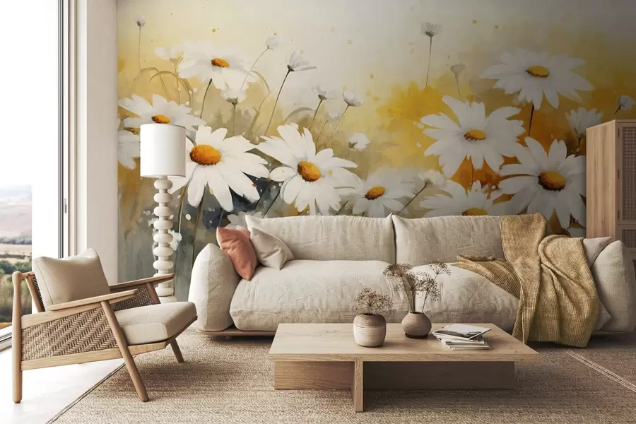 wall murals Поље белих тратинчица са жутим средиштем, на мекој жутој и беж позадини, акварел стил w09218