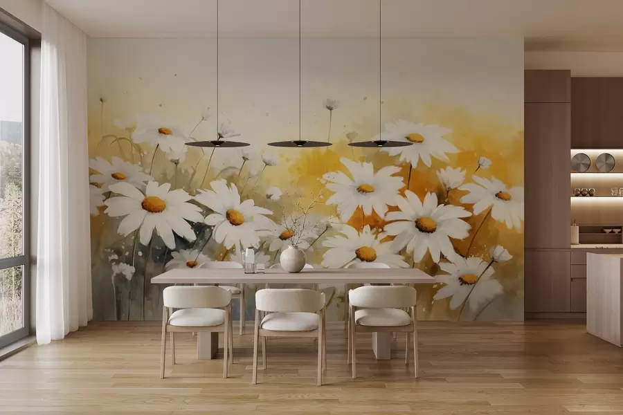 wall murals Поље белих тратинчица са жутим средиштем, на мекој жутој и беж позадини, акварел стил w09218
