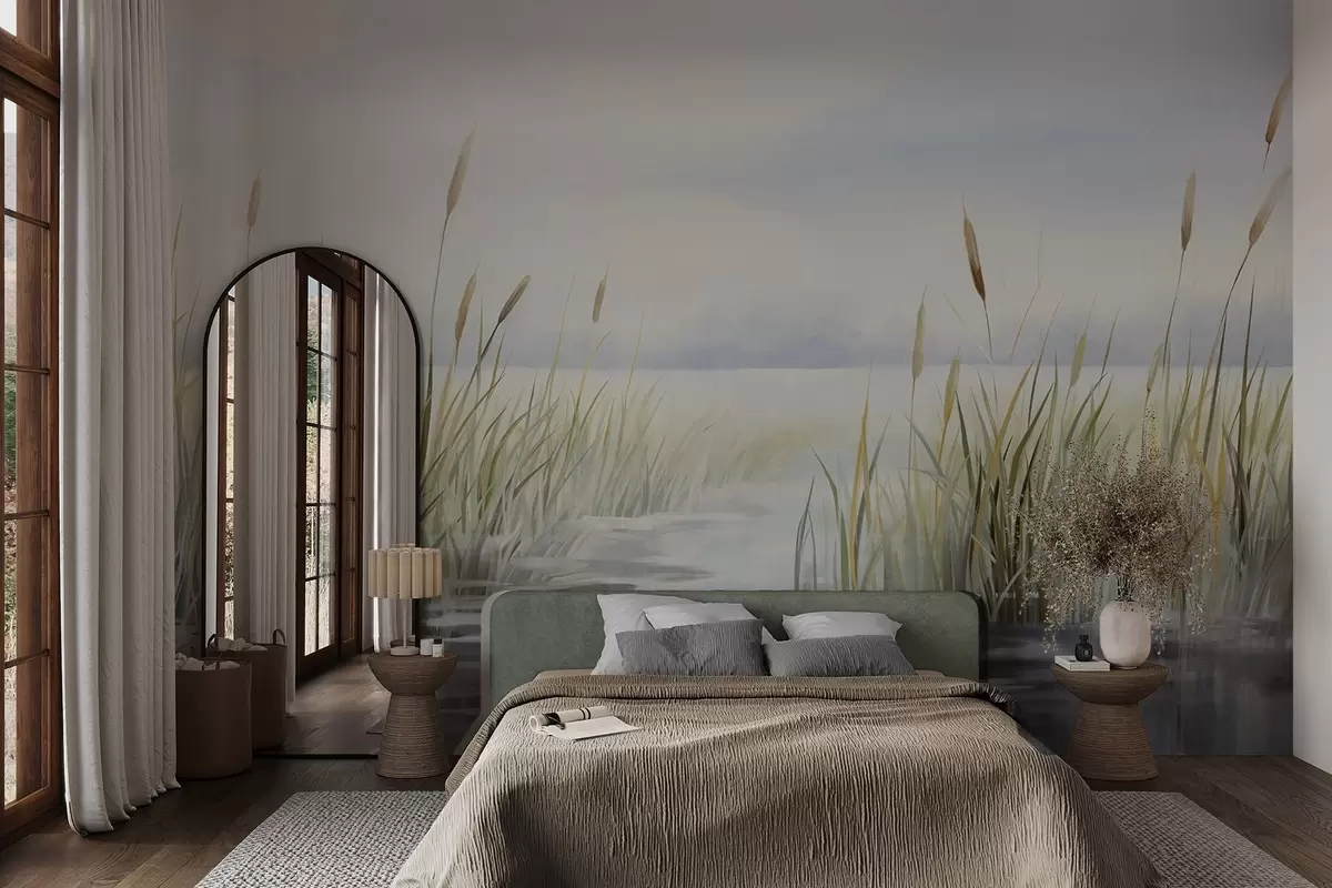 wall murals Имитација пејзажа акварелом са текстуром, језером, травом, облачним небом и замућеном позадином w09219