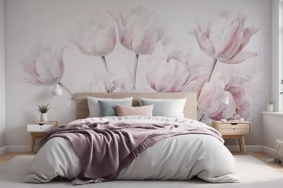 wall murals Ружичасти текстурирани тулипани са зеленим листовима, меко светло, винтаге акварел стил, нежни потези четкицом w09220