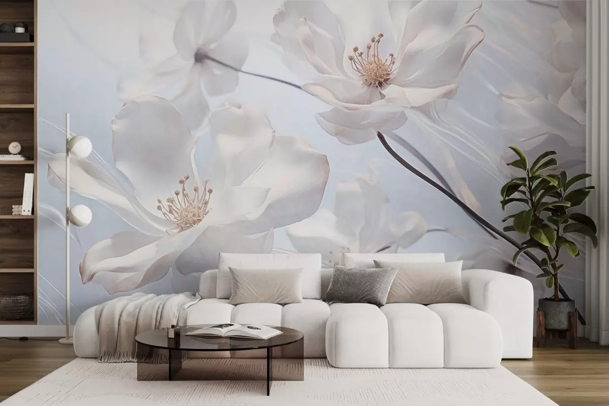 wall murals Бело текстурирано провидно цвеће са нежним латицама, мека светлоплава позадина, елегантно, романтично, сањиво w09233