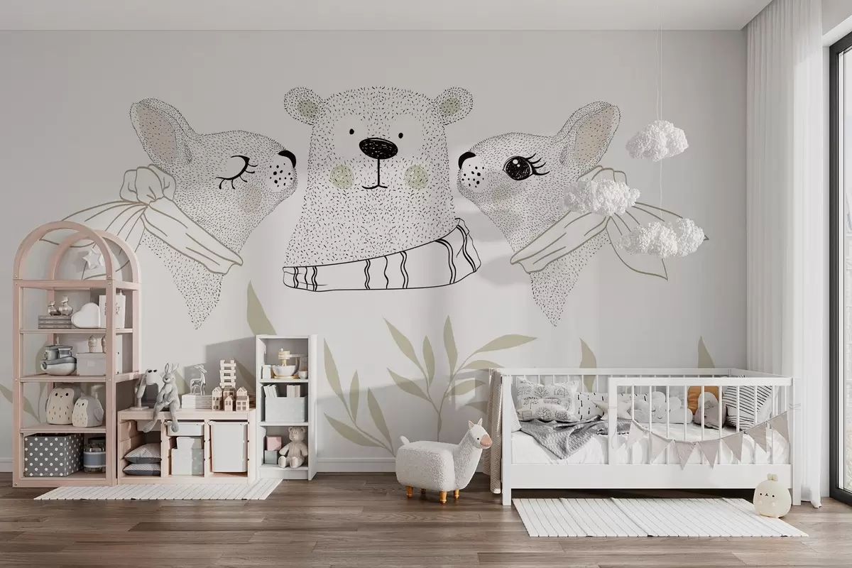 wall murals Смешне животиње, зечеви и младунче медведа w04269v1