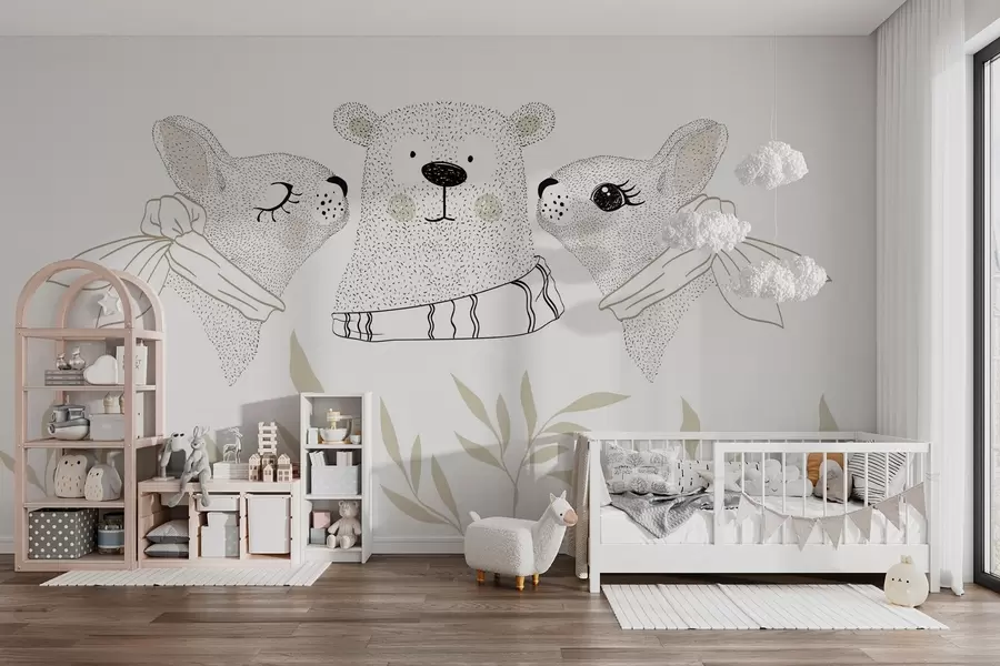 wall murals Смешне животиње, зечеви и младунче медведа w04269v1