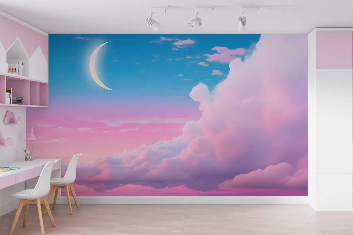 wall murals Магични залазак сунца са облацима и полумесецом у ружичастим и плавим тоновима w09240