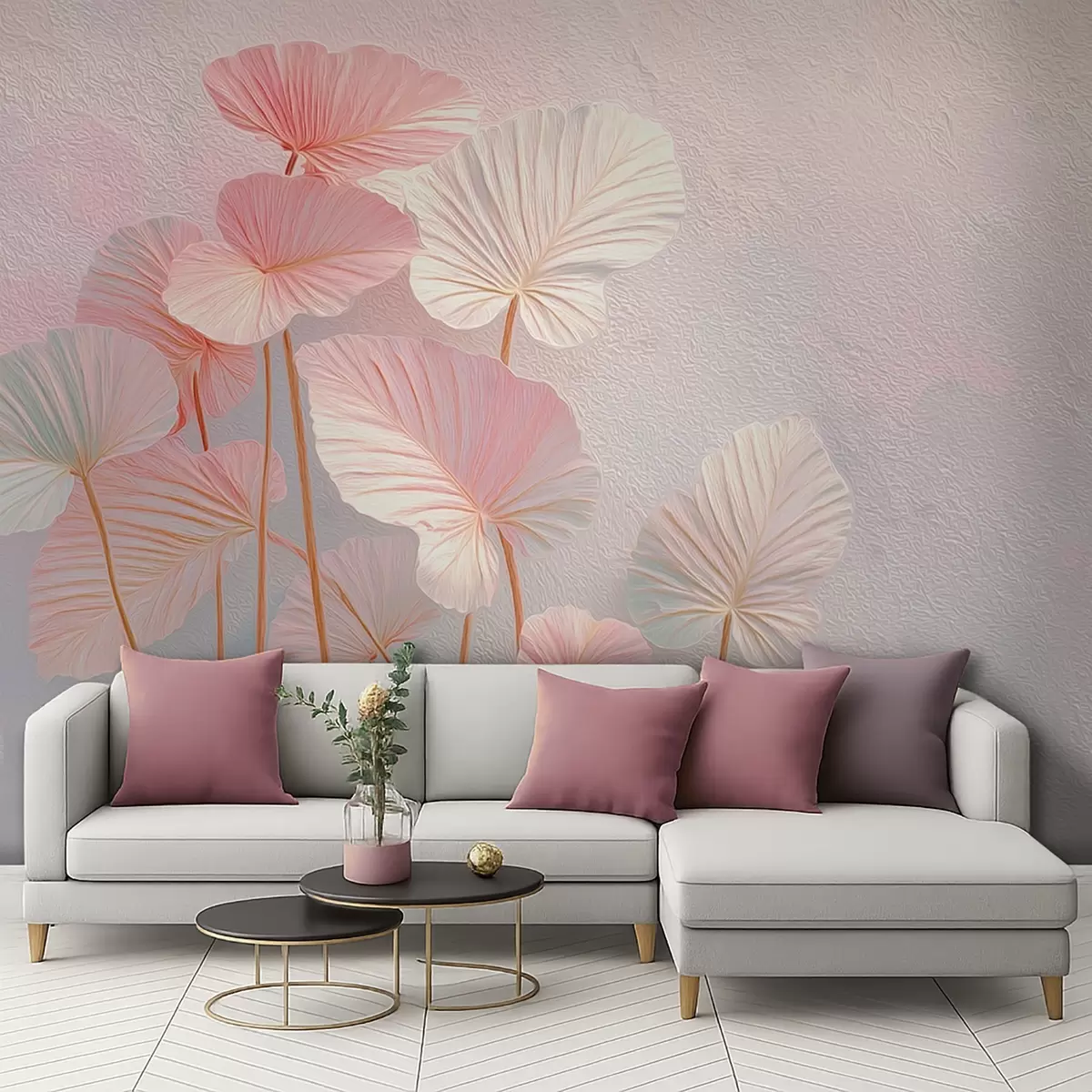 wall murals Елегантни велики тропски листови у нежним ружичастим и плавим нијансама w09252