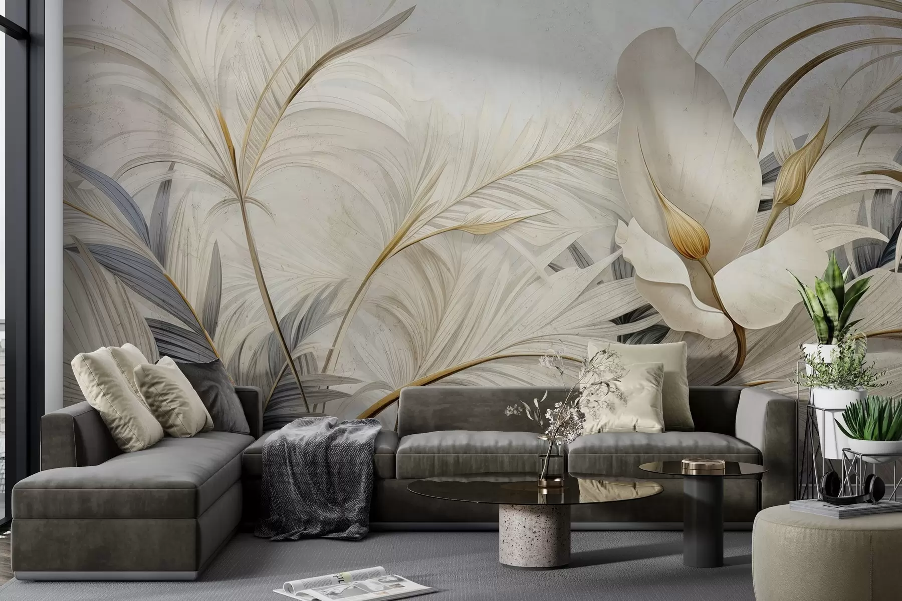 wall murals Тропске биљке на бетонском зиду w04249