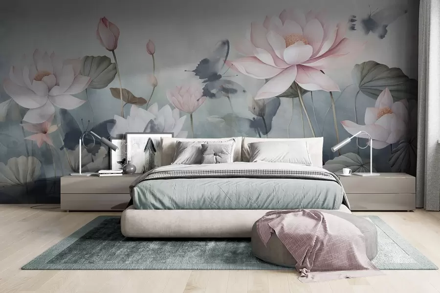 wall murals Цветови лотоса текстурирани са ружичастим пастелним латицама, зеленим листовима, одразом воде, меким пастелним бојама, ефектом акварела w09254