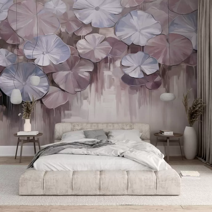 wall murals Текстурирани локвини са љубичастим и плавим бојама у језеру, позадина је мутна мешавина меких нијанси љубичасте w09255v1
