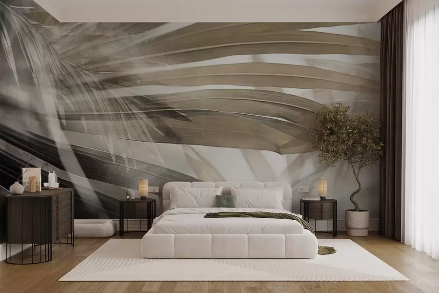 wall murals Палмино лишће светло смеђе нијансе, које се преклапа и ствара слојевити ефекат, на мекој, неутралној позадини w09256