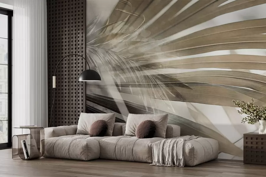 wall murals Палмино лишће светло смеђе нијансе, које се преклапа и ствара слојевити ефекат, на мекој, неутралној позадини w09256