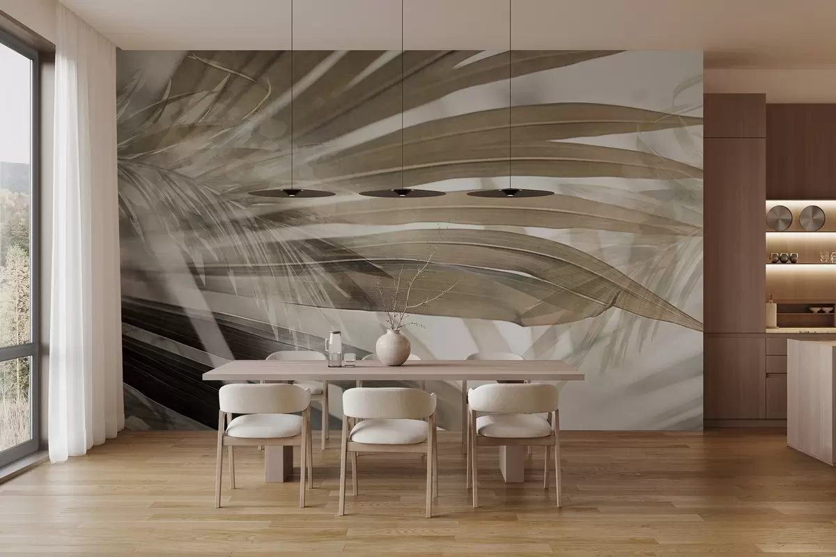 wall murals Палмино лишће светло смеђе нијансе, које се преклапа и ствара слојевити ефекат, на мекој, неутралној позадини w09256