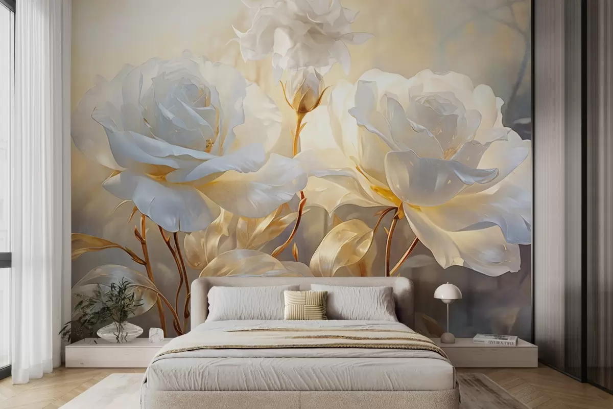 wall murals Беле текстуриране руже са жутим стабљикама и листовима, меко осветљење, светла позадина са замућеним цветним облицима w09258