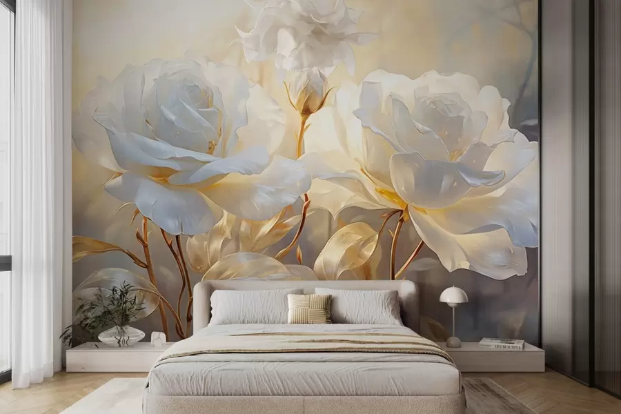 wall murals Беле текстуриране руже са жутим стабљикама и листовима, меко осветљење, светла позадина са замућеним цветним облицима w09258