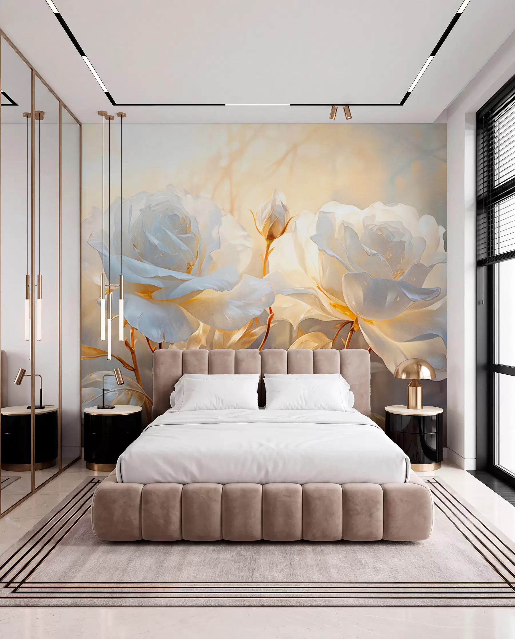 wall murals Беле текстуриране руже са жутим стабљикама и листовима, меко осветљење, светла позадина са замућеним цветним облицима w09258