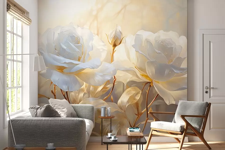 wall murals Беле текстуриране руже са жутим стабљикама и листовима, меко осветљење, светла позадина са замућеним цветним облицима w09258