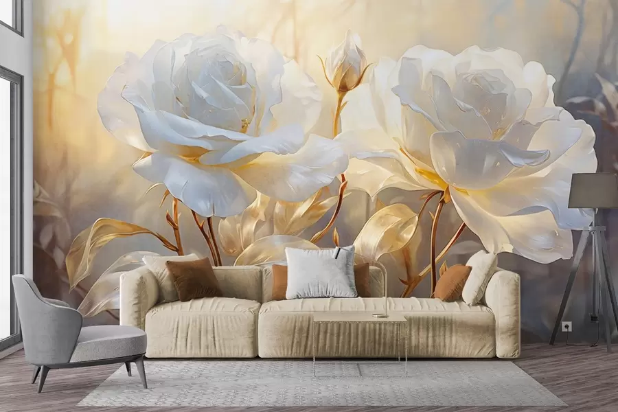 wall murals Беле текстуриране руже са жутим стабљикама и листовима, меко осветљење, светла позадина са замућеним цветним облицима w09258