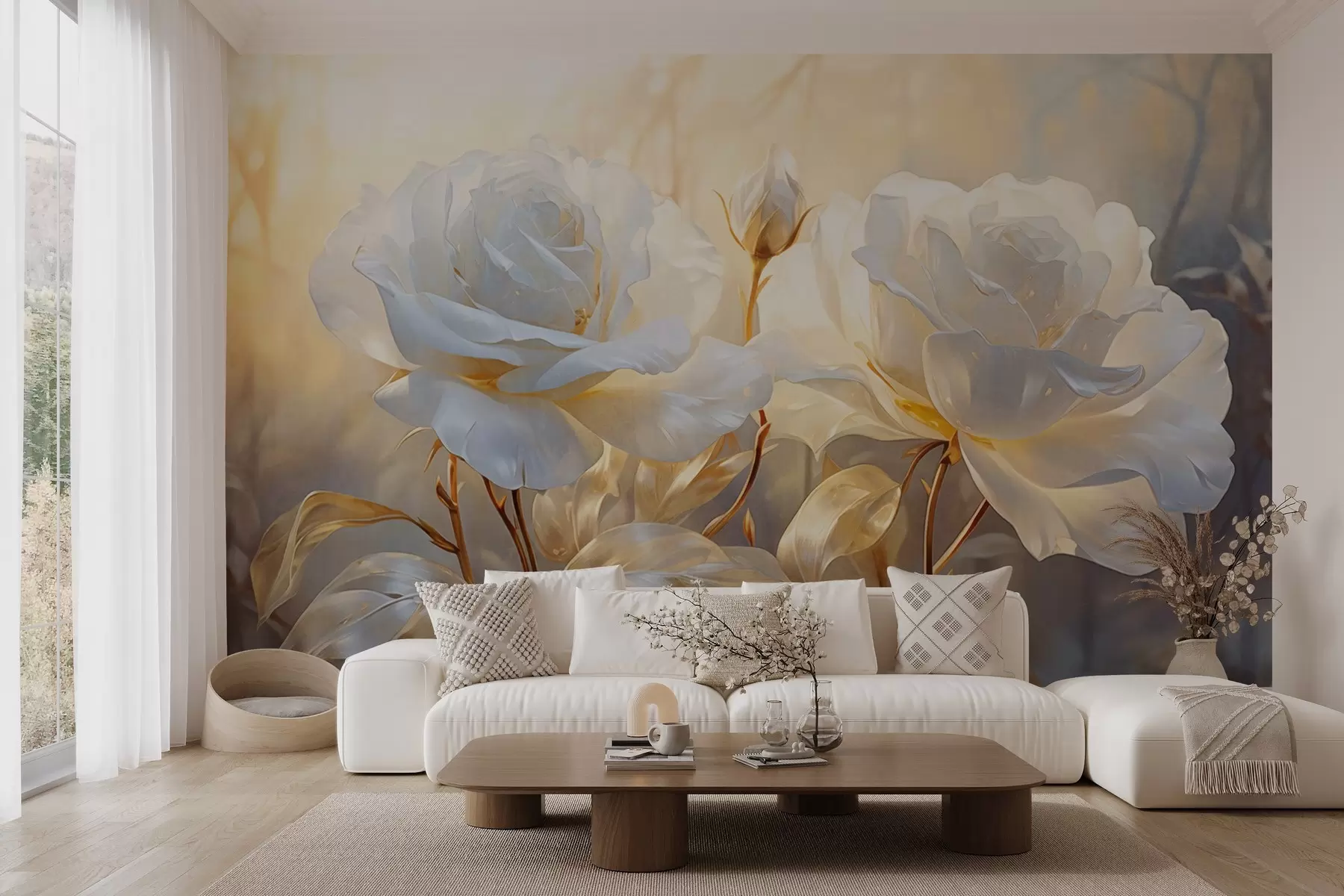wall murals Беле текстуриране руже са жутим стабљикама и листовима, меко осветљење, светла позадина са замућеним цветним облицима w09258