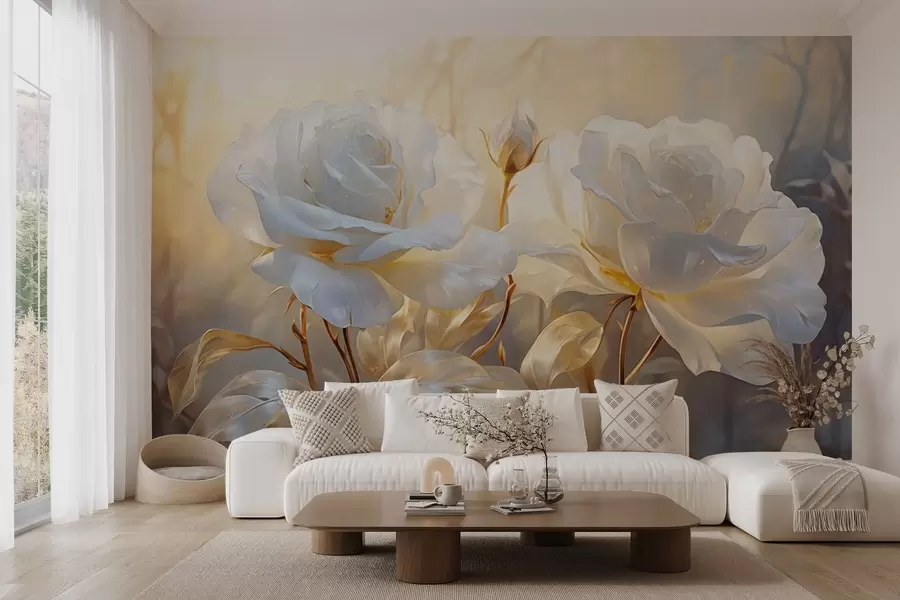wall murals Беле текстуриране руже са жутим стабљикама и листовима, меко осветљење, светла позадина са замућеним цветним облицима w09258