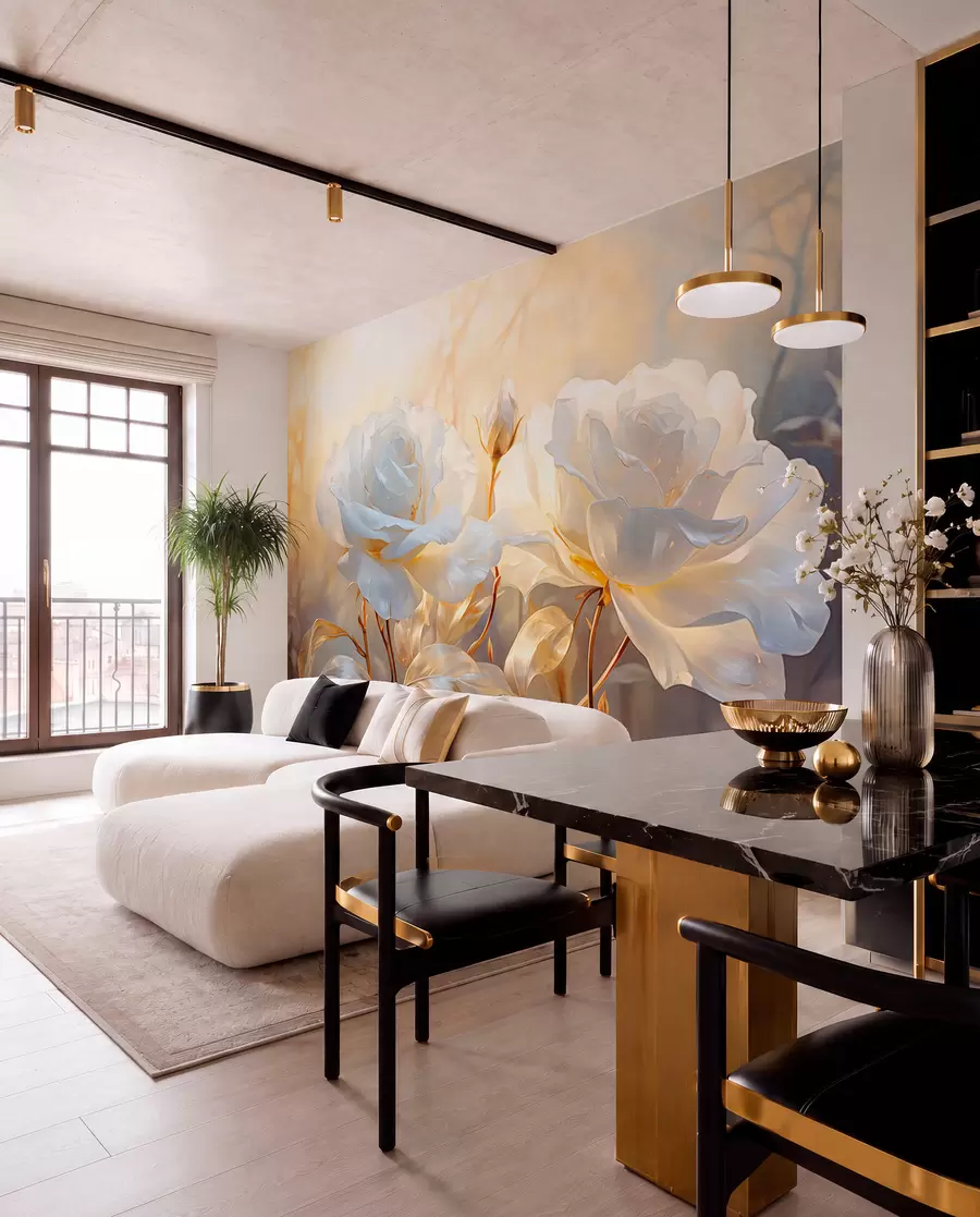 wall murals Беле текстуриране руже са жутим стабљикама и листовима, меко осветљење, светла позадина са замућеним цветним облицима w09258