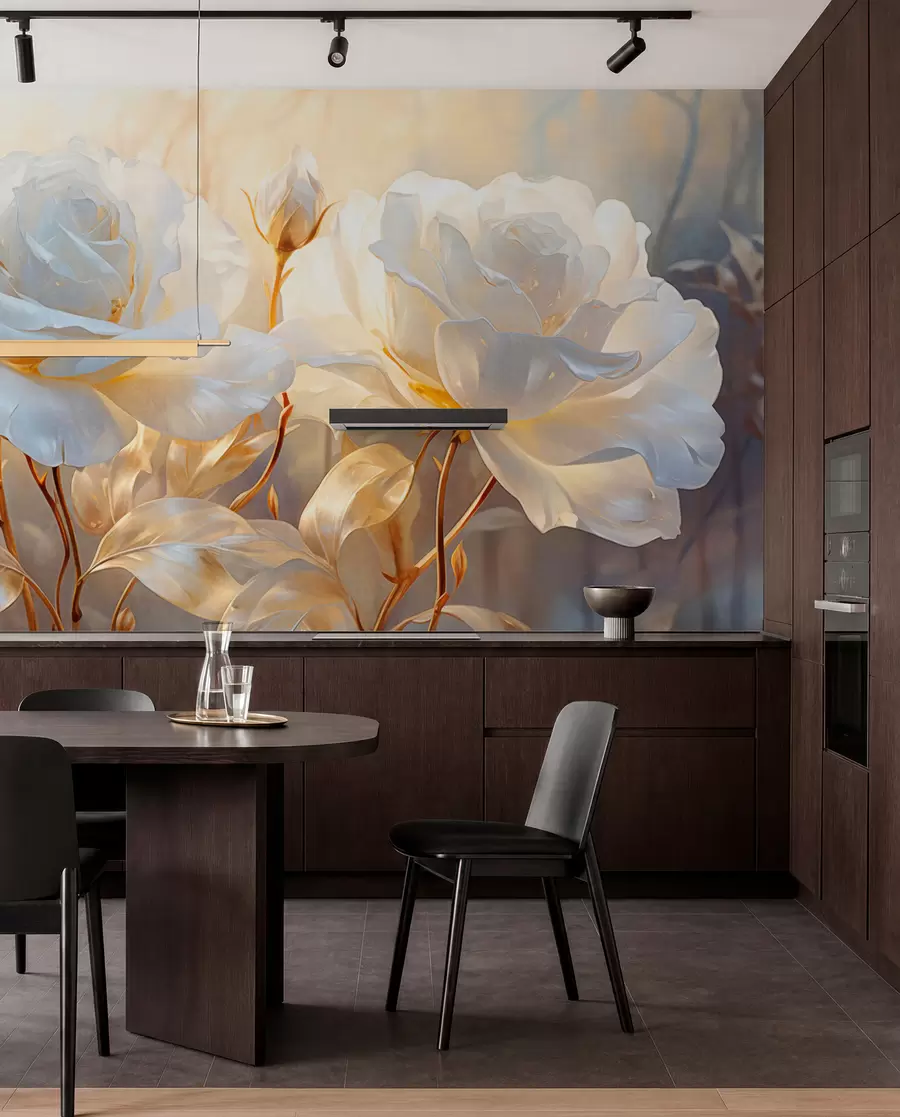 wall murals Беле текстуриране руже са жутим стабљикама и листовима, меко осветљење, светла позадина са замућеним цветним облицима w09258