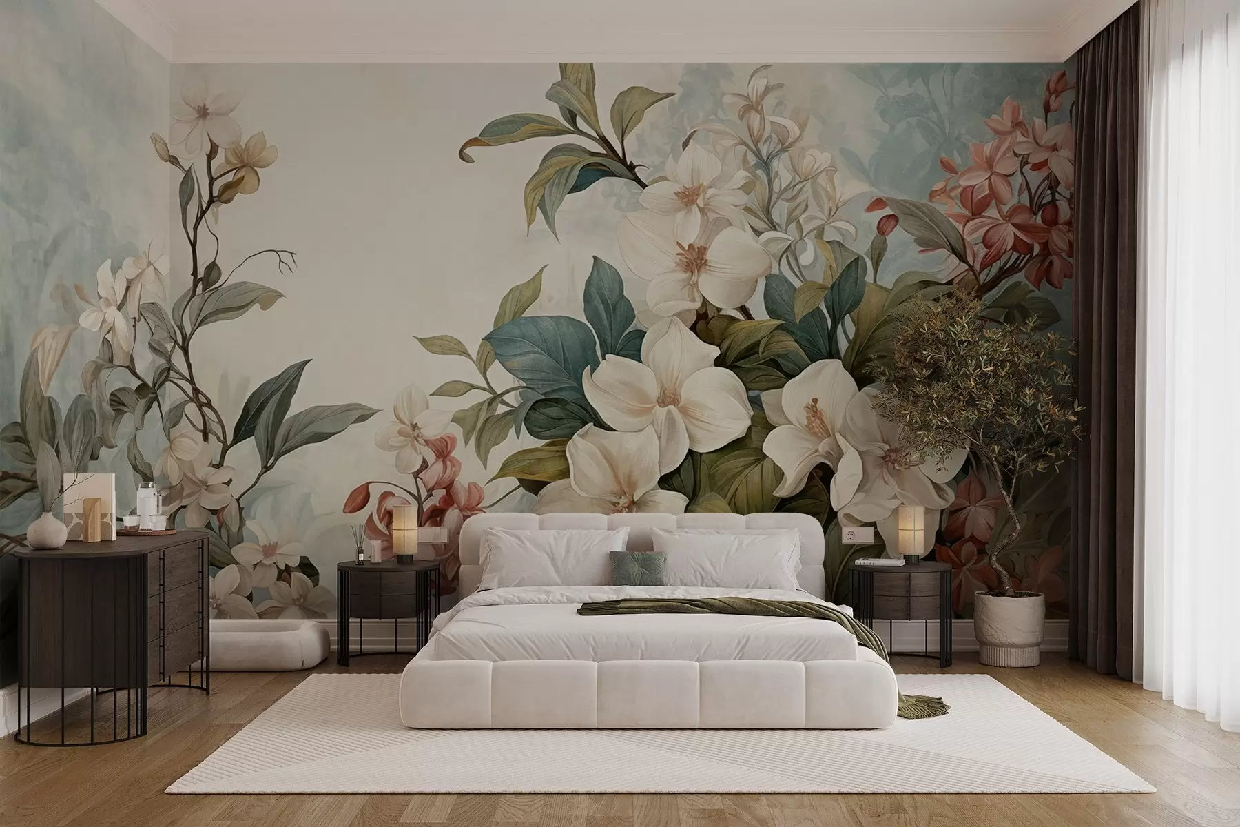 wall murals Текстурирано тропско цвеће и лишће са меким плавим и зеленим нијансама, нежни потези четкицом, винтаге ботанички стил w09259