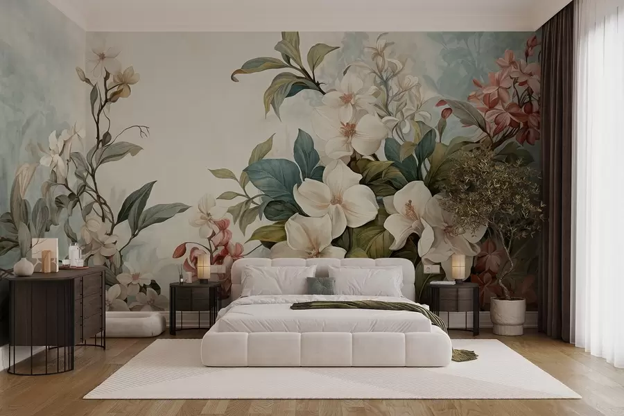 wall murals Текстурирано тропско цвеће и лишће са меким плавим и зеленим нијансама, нежни потези четкицом, винтаге ботанички стил w09259