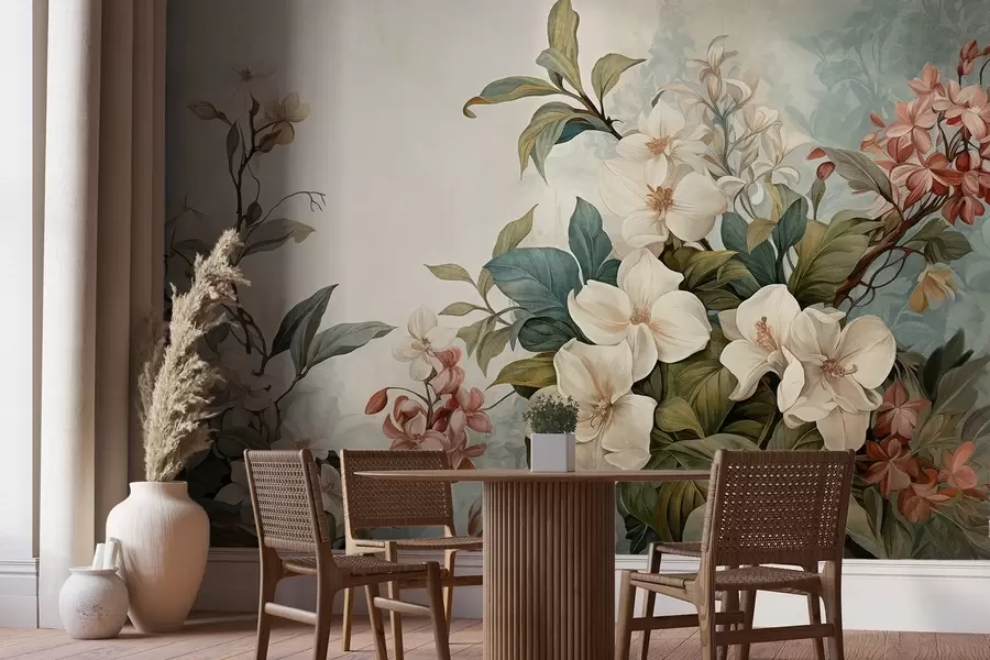 wall murals Текстурирано тропско цвеће и лишће са меким плавим и зеленим нијансама, нежни потези четкицом, винтаге ботанички стил w09259