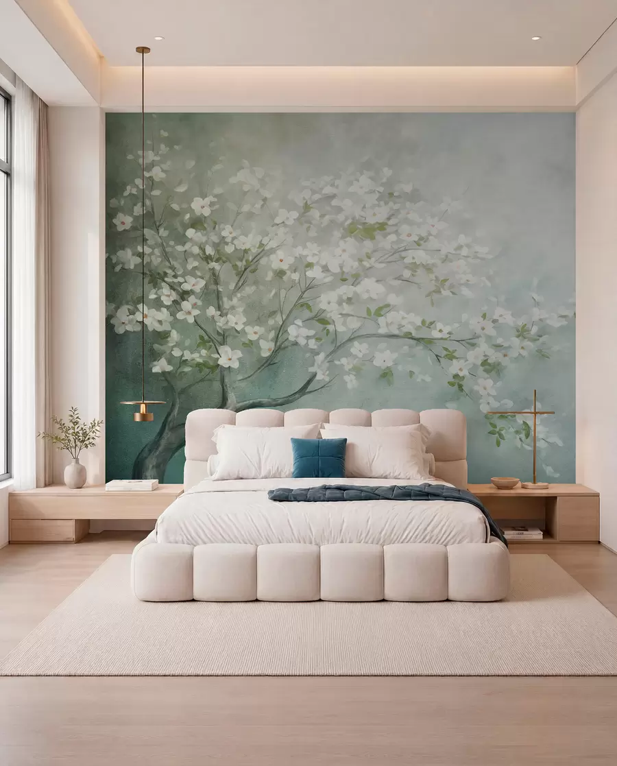 wall murals Дрво у цвету са белим цветовима у пуном цвету, на зрнастој, бучној текстурираној позадини пригушене плаве и зелене боје w09261