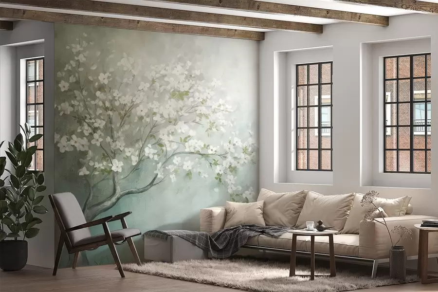 wall murals Дрво у цвету са белим цветовима у пуном цвету, на зрнастој, бучној текстурираној позадини пригушене плаве и зелене боје w09261