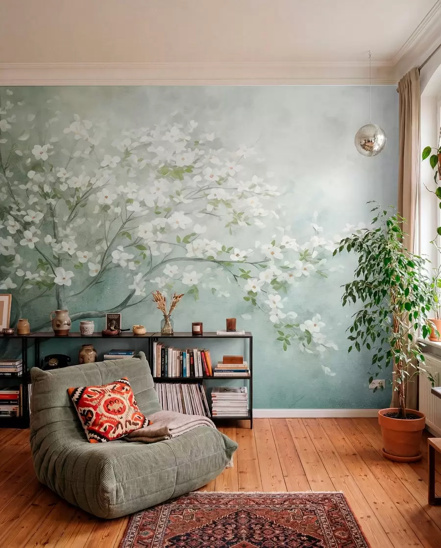 wall murals Дрво у цвету са белим цветовима у пуном цвету, на зрнастој, бучној текстурираној позадини пригушене плаве и зелене боје w09261