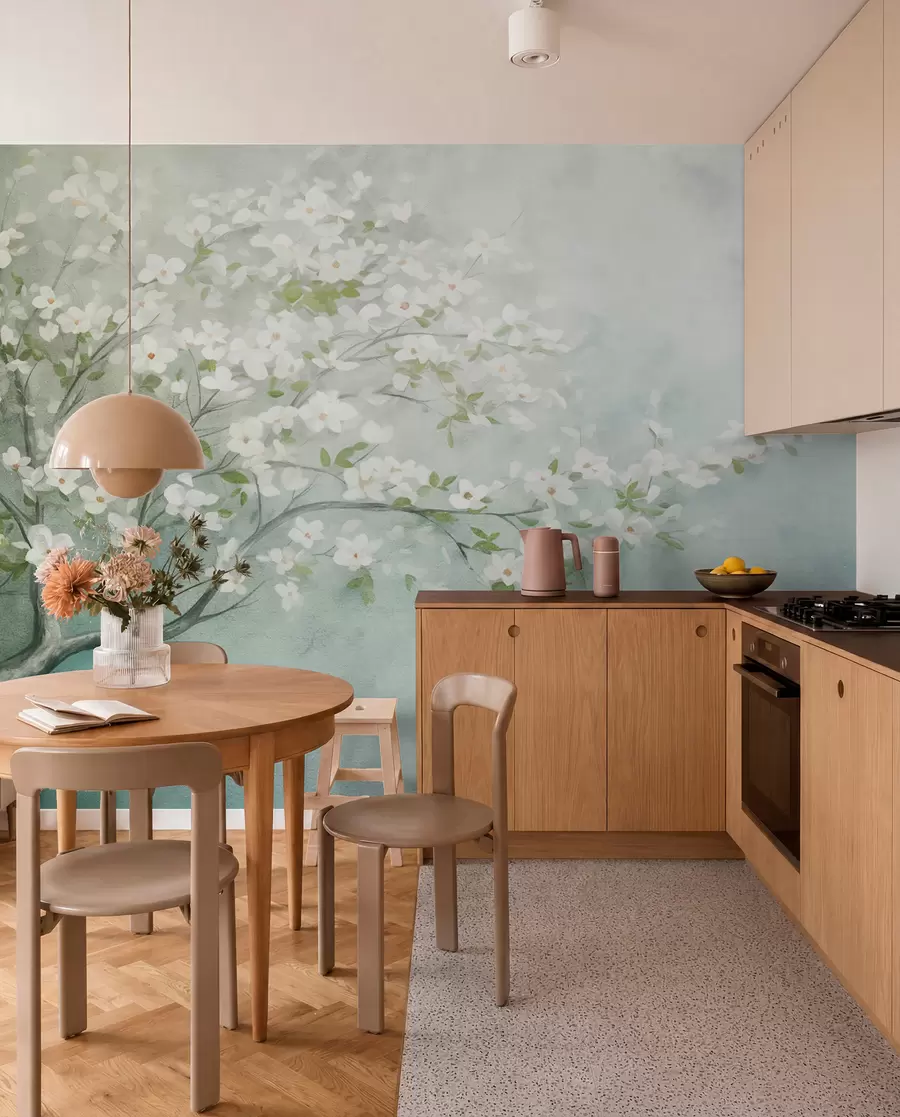 wall murals Дрво у цвету са белим цветовима у пуном цвету, на зрнастој, бучној текстурираној позадини пригушене плаве и зелене боје w09261