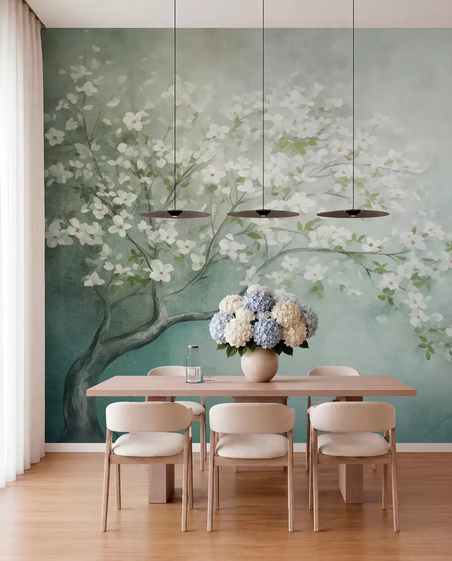 wall murals Дрво у цвету са белим цветовима у пуном цвету, на зрнастој, бучној текстурираној позадини пригушене плаве и зелене боје w09261