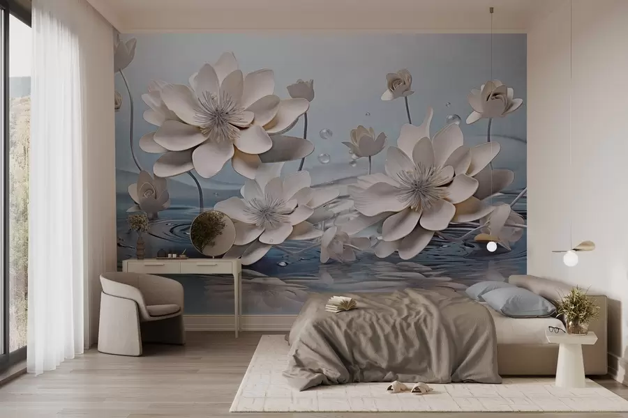 wall murals Бело текстурирано цвеће са капљицама воде, одсјаји на површини воде, светлоплава позадина, елегантан дизајн w09262