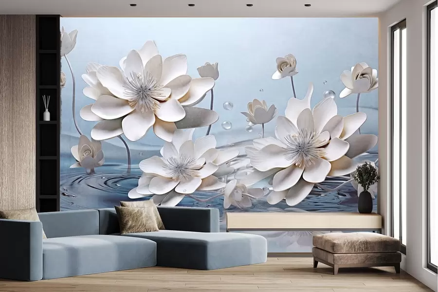wall murals Бело текстурирано цвеће са капљицама воде, одсјаји на површини воде, светлоплава позадина, елегантан дизајн w09262