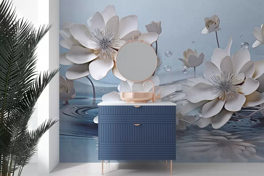 wall murals Бело текстурирано цвеће са капљицама воде, одсјаји на површини воде, светлоплава позадина, елегантан дизајн w09262