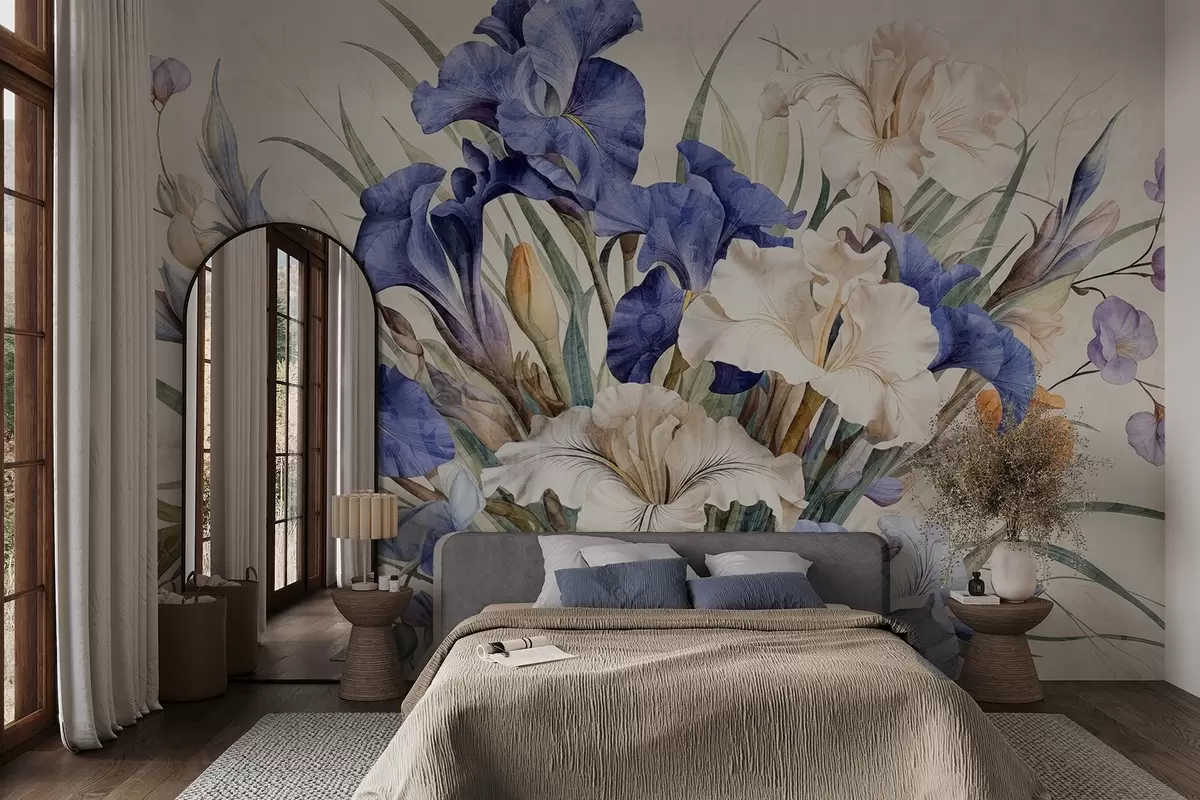 wall murals Винтаж текстурирани букет љубичастих перуника, аранжиран са зеленим листовима и стабљикама, постављен на мекој позадини w09263