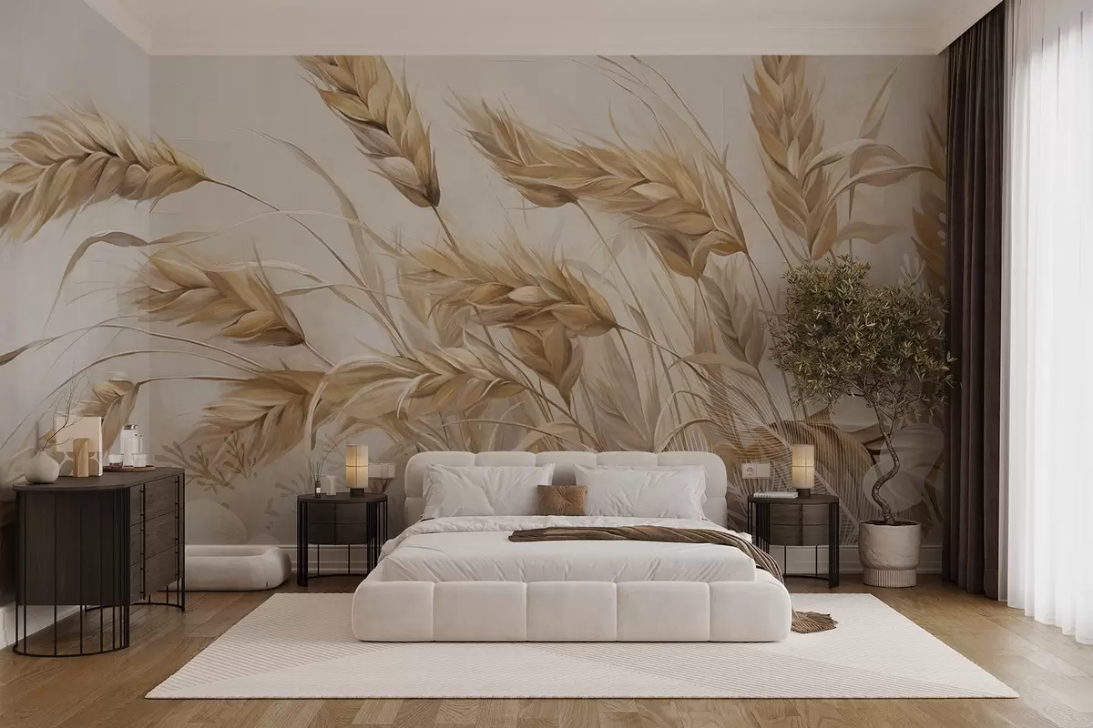 wall murals Поље текстуриране пшеницом са беж класјевима жита које се њишу на ветру, меке и пригушене боје, стварајући осећај топлине w09264